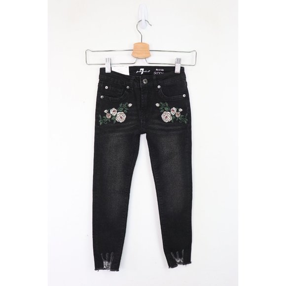 NWT 7 For All Mankind The Ankle Skinny Jeans Embroidered Chewed Hem Vintage Noir - Picture 3 of 7